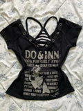 Wenkouban-Retro Gothic Print Graphic T-shirt Women Fashion Streetwear Hot Girl Slim Fit Two Piece Harajuku Millennium Street Casual Top