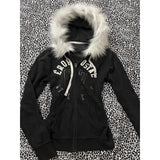 Wenkouban-American Gothic Letter Print Retro Fur Collar Black Zipper Hoodie Y2K Millennial Hot Girl Slim Warm Harajuku Street Casual Top