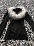 Wenkouban-American Gothic Letter Print Retro Fur Collar Black Zipper Hoodie Y2K Millennial Hot Girl Slim Warm Harajuku Street Casual Top