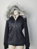 Wenkouban-Y2K Gothic Diamond Printed Fur Collar Zip Hoodie Women Retro Millennium Hot Girl Slim Warm Harajuku Korean Street Casual Hoodie