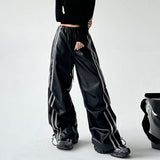 Wenkouban-Y2K Fashion Black PU Leather Side Striped Casual Pants Women Retro Street Hot Girls Loose Harajuku High Waist Straight Pants