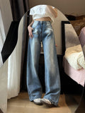 Wenkouban-Y2K Harajuku Simple Washed Blue Straight Jeans Women Autumn Retro Streetwear Loose Casual Fashion High Waisted Wide Leg Pants