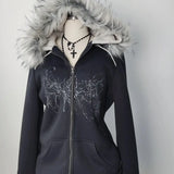Wenkouban-Y2K Gothic Diamond Printed Fur Collar Zip Hoodie Women Retro Millennium Hot Girl Slim Warm Harajuku Korean Street Casual Hoodie