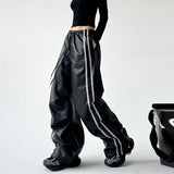 Wenkouban-Y2K Fashion Black PU Leather Side Striped Casual Pants Women Retro Street Hot Girls Loose Harajuku High Waist Straight Pants