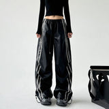 Wenkouban-Y2K Fashion Black PU Leather Side Striped Casual Pants Women Retro Street Hot Girls Loose Harajuku High Waist Straight Pants