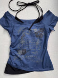 Wenkouban-Retro Millennium Blue Fake Two Piece Halter Neck Letter Print T-Shirt Women Fashion Street Hot Girl Slim Fit Casual Y2K Top