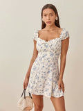 dress Summer New Arrival Vintage Floral Print Slim-Fit Chest Bow Short Skirt for Women