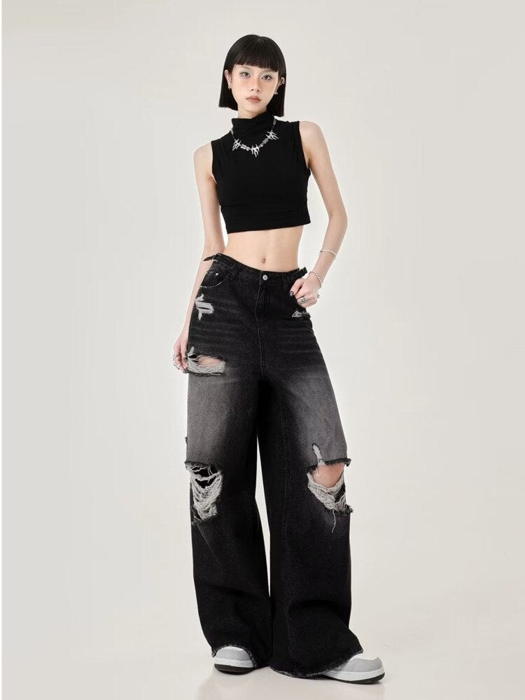 Wenkouban High Street Perforated Jeans Women's Summer New INS Fashion Brand Straight Tube Loose Sweeping Wide Leg Pants Women's Jeans