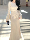 Wenkouban-Christmas Outfit New Year's Eve Dress party look inspos Women New Fashion Satin Dress Long Sleeve Bodycon Casual Solid Party Wedding Robe Elegant Chic Vintage Female Vestidos Mujers