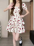 Wenkouban Rose Print Sweet A-line Floral dress Summer Preppy Short Sleeve Square Collar Casual Girl Mini Dress