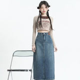 Wenkouban Retro Denim Skirt For Women Spring And Autumn New Summer Mid Length Slim A-line Split Long Skirt Skirt