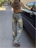 Wenkouban Perforated Jeans, Summer Loose Straight Leg Wide Leg Pants, Niche Stitching, Old Beggar Pants, Women's Jeans