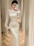 Wenkouban-Christmas Outfit New Year's Eve Dress party look inspos Vintage Sexy Lace Bodycon Midi Dresses for Women 2024 Autumn New Elegant Evening Party Prom Solid Long Sleeve Female Clothes New