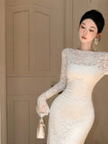 Wenkouban-Christmas Outfit New Year's Eve Dress party look inspos Vintage Sexy Lace Bodycon Midi Dresses for Women 2024 Autumn New Elegant Evening Party Prom Solid Long Sleeve Female Clothes New