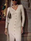 Wenkouban Fall Winter Long Sleeve Knitted Dress Button Slit Female Sweater Cardigan Dresses Slim Solid Elegant Office Lady Clothes
