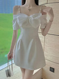 Wenkouban Dresses For Women 2023Sweet Bow Spaghetti Strap Pearl Decoration Mini Dress one piece Slash Neck Elegant Birthday Party Dress