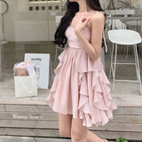 Wenkouban Women's Sexy Mini Dress, Sleeveless, High Waist, Ruffle, Kawaii, Japanese, Young Girl, Casual Sundress, Summer, 2024