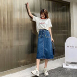 Wenkouban 2023 New Denim Skirt Women's Spring And Autumn Design Sense Mid-length High Waist Large Size Slim Embroidered Long Skirt