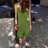 Wenkouban 2025 Hollow Knitted Mini Dress For Women Summer Sexy See Through Beach Holiday Cover Up Dress Female Sling Ruffled Dress
