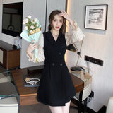 Wenkouban Korean Black Patchwork Short Dresses Women 2023 Autumn New Fashion Slim Office Lady Notched Collar Long Sleeves Female Clothing