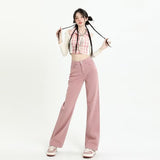 Wenkouban European And American Gentle Style Dirty Pink Ruffled Jeans, Women's Loose And Trendy Straight Tube Versatile Wide Leg Pants