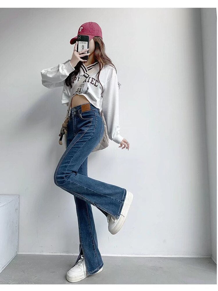 Wenkouban Split Jeans Women's Spring And Autumn New High-waisted Slim Fit Slim Wide-legged Micro-trumpet Mopping Pants Trendy Ins