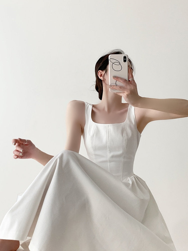 Wenkouban Korean Straps Midi Dress for Women 2023 New Fashion Elegant Square Collar Sleeveless White Dress Chic Fairycore Vintage Dresses