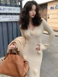 Wenkouban-Christmas Outfit New Year's Eve Dress party look inspos Vintage Floral Applique Knitted Dress for Women Elegant V-neck Long Sleeve Midi Prom Robe Autumn Ladies Party Vestidos Fashion
