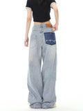Wenkouban Design Sense Contrast Color Broken Hole Patch Women's Jeans Women's Summer Crowd High Waist Loose Straight Leg Long Pants