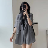 Wenkouban 2023 Summer Retro Korean Version of the Temperament Short-sleeved Suit Jacket + Shorts Set Casual Loose Suit Two-piece Female