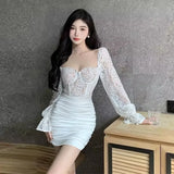 Wenkouban New Splice See Through Lace Dress Korean Fashion Crochet Flowers Elegant Dress Women Sexy Mini Club Dress 4XL