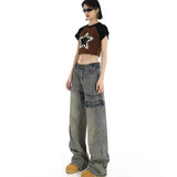 Wenkouban Hong Kong Style Retro High Waisted Workwear Jeans, Women's Summer New Unique Design, Straight Pocket, Floor Long Pants