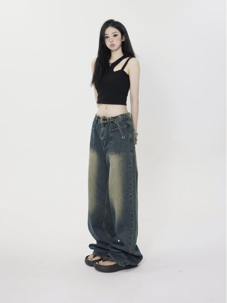 Wenkouban High Street Trendy Brand Jeans Women's Summer New Small Style Retro Straight Tube Floor Sweeping Design Women's Denim Pants