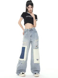 Wenkouban Design Sense Contrast Color Broken Hole Patch Women's Jeans Women's Summer Crowd High Waist Loose Straight Leg Long Pants