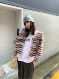 Wenkouban 2023 Autumn Faux Fure Knitted Cardigan Women Casual Long Sleeve Button Kawaii Clothing Striped Sweater Female Korean Style Tops