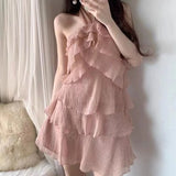 Wenkouban Vintage Ruffled Tube Top Dress for Girls, Sexy Mini Dress, Korean Fashion, Sweet, Pink, Black, White, Party Dresses, Summer