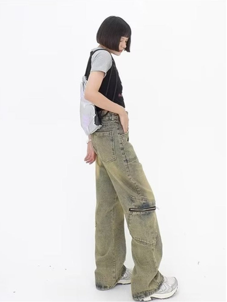Wenkouban Vintage Street Deconstructed Design Sense Jeans Yellow Mud Dyed Old Vintage Straight Tube Loose Wide Leg Pants Women's Jeans
