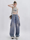 Wenkouban Autumn Women's Retro Niche Ribbon Design With Versatile Washable And Distressed Wide Leg High Waisted Women's Jeans