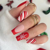 Wenkouban-24pcs Snowflake Fake Nails Square Head French Nail Press on Nails Rhinestone Waterproof Faux Fingernails