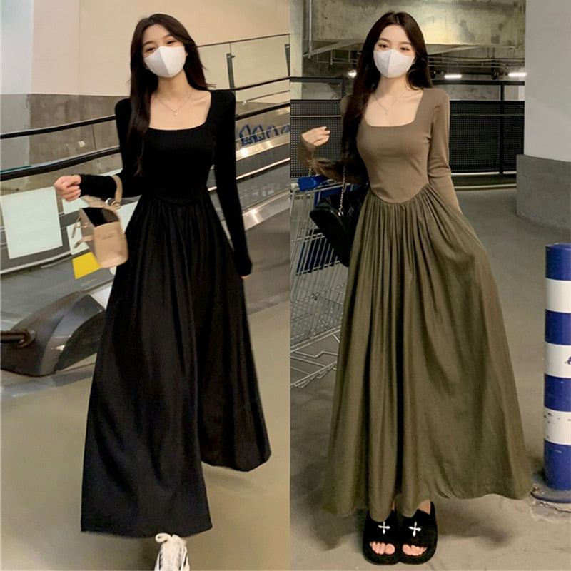 Wenkouban Spring 2023 New Hepburn Style Gentle Temperament Pocket Waist Slim Panel Large Hemline Long Sleeve Dress