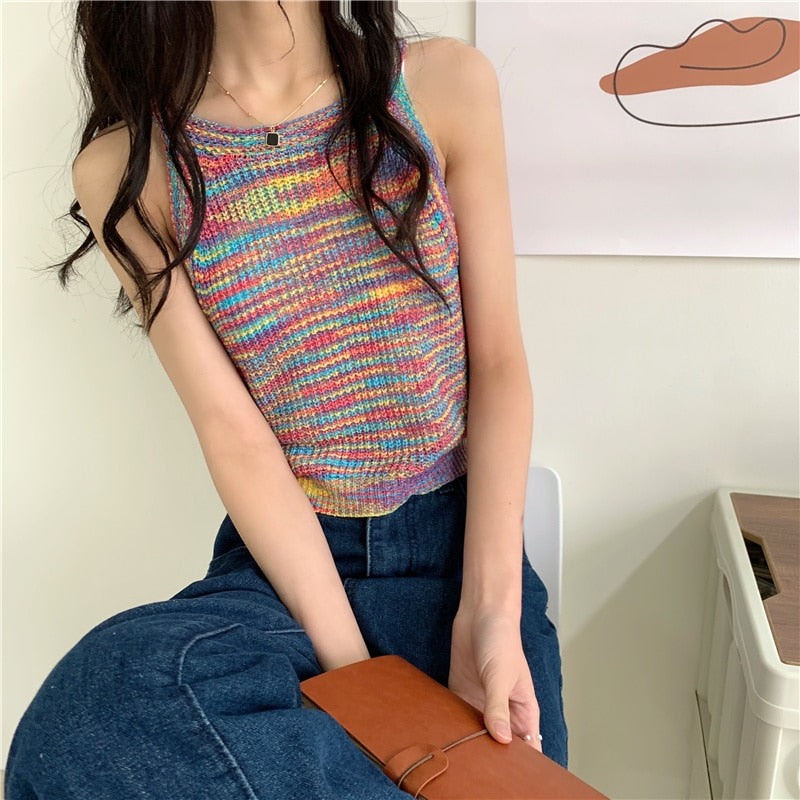 Wenkouban Colorful Striped Summer Tanks Tops Women Korean Rainbow Sleeveless Shirts Top O-Neck Slim Knitted Top Slim Sexy Streetwear