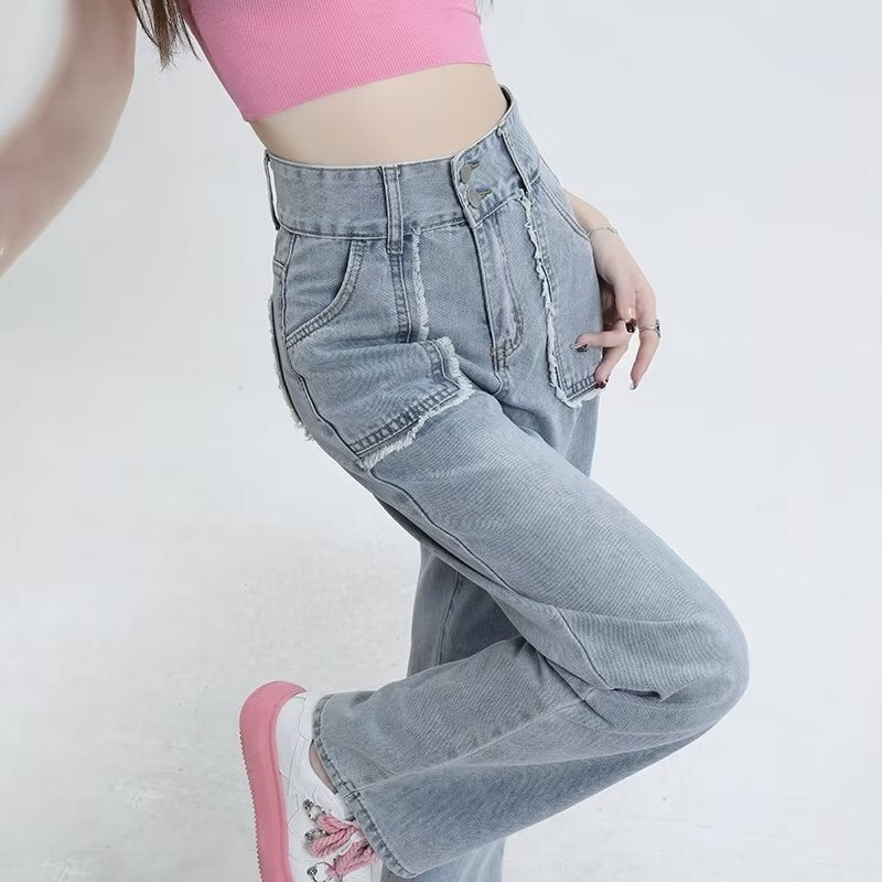 Wenkouban High End Denim Women's Summer Raw Edge Stitching Design For Lifting Buttocks And Slimming Straight Wash Pants