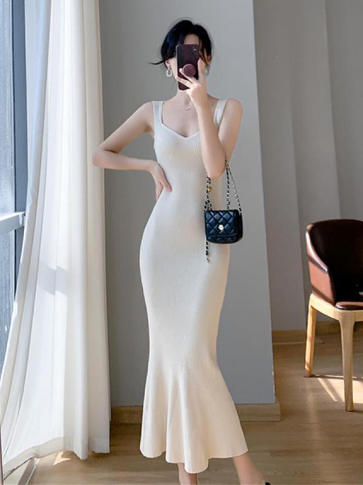 Wenkouban Korea Summer New Women White Elegant V-neck Knit Slip Long Dress French Black Sexy Club Slim Prom Evening Party Fishtail Dresses