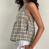 Wenkouban-Fairycore Vintage Y2K Milkmaid Camis Plaid Solid Color Cut Out Side Tie Up Vest Women Casual Loose Sleeveless Crop Top Holiday