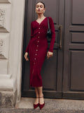 Wenkouban Fall Winter Long Sleeve Knitted Dress Button Slit Female Sweater Cardigan Dresses Slim Solid Elegant Office Lady Clothes