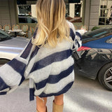 Wenkouban Fashion Striped Sweater Cardigan With Scarf Female Loose Thin Hollow Knitted Top Lantern Sleeve Contrast Color Retro Top