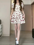 Wenkouban Rose Print Sweet A-line Floral dress Summer Preppy Short Sleeve Square Collar Casual Girl Mini Dress