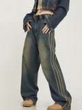 Wenkouban Vintage Washed Old High Street Side Striped Jeans Women's Loose Wide Leg Slim Pants Women's Jeans