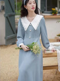 Wenkouban French Vintage Elegant Peter Pan Collar Pink Long Dress Women Spring Autumn Fashion Sweet design Ladies Loose Casual Midi Dress