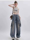 Wenkouban Autumn Women's Retro Niche Ribbon Design With Versatile Washable And Distressed Wide Leg High Waisted Women's Jeans